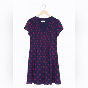 Prelude Women’s Size 12 Navy Blue Chiffon Dress with Maroon Polka Dots.